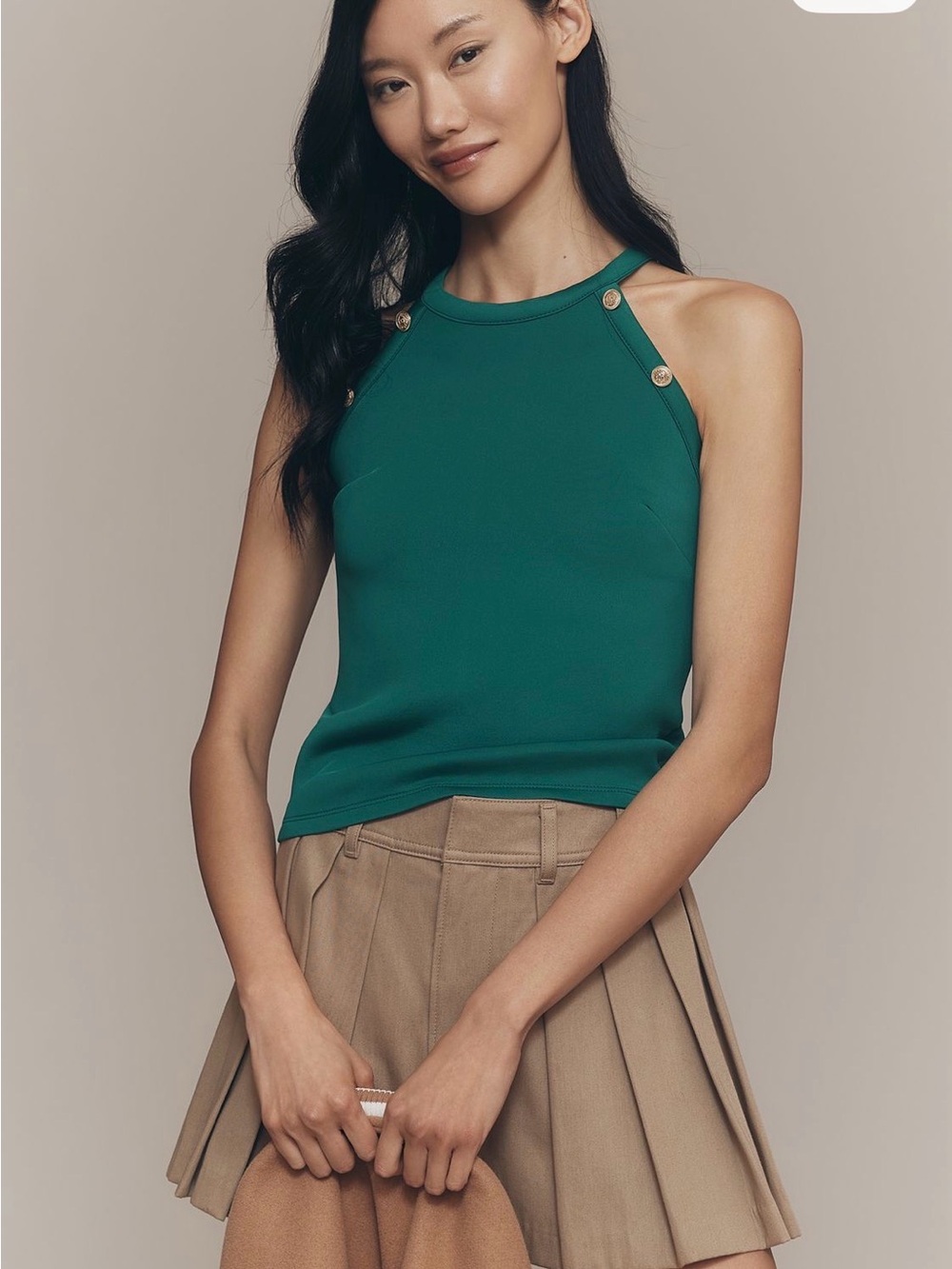 Maeve Green Halter Tank with Gold Button Accents